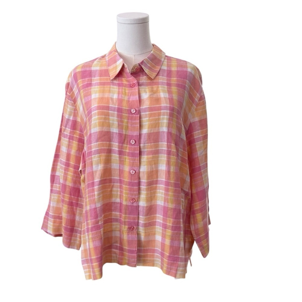 Women's XL Pastel Pink Yellow Plaid 100% Linen Boxy Button-Up Breathable Shirt - Picture 2 of 9